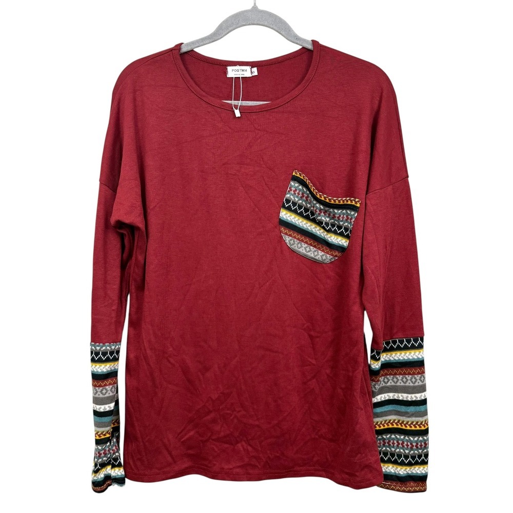 POGTMM Women Top Blouse Round Neck Long Sleeve Pullover Burnt Red Size S*